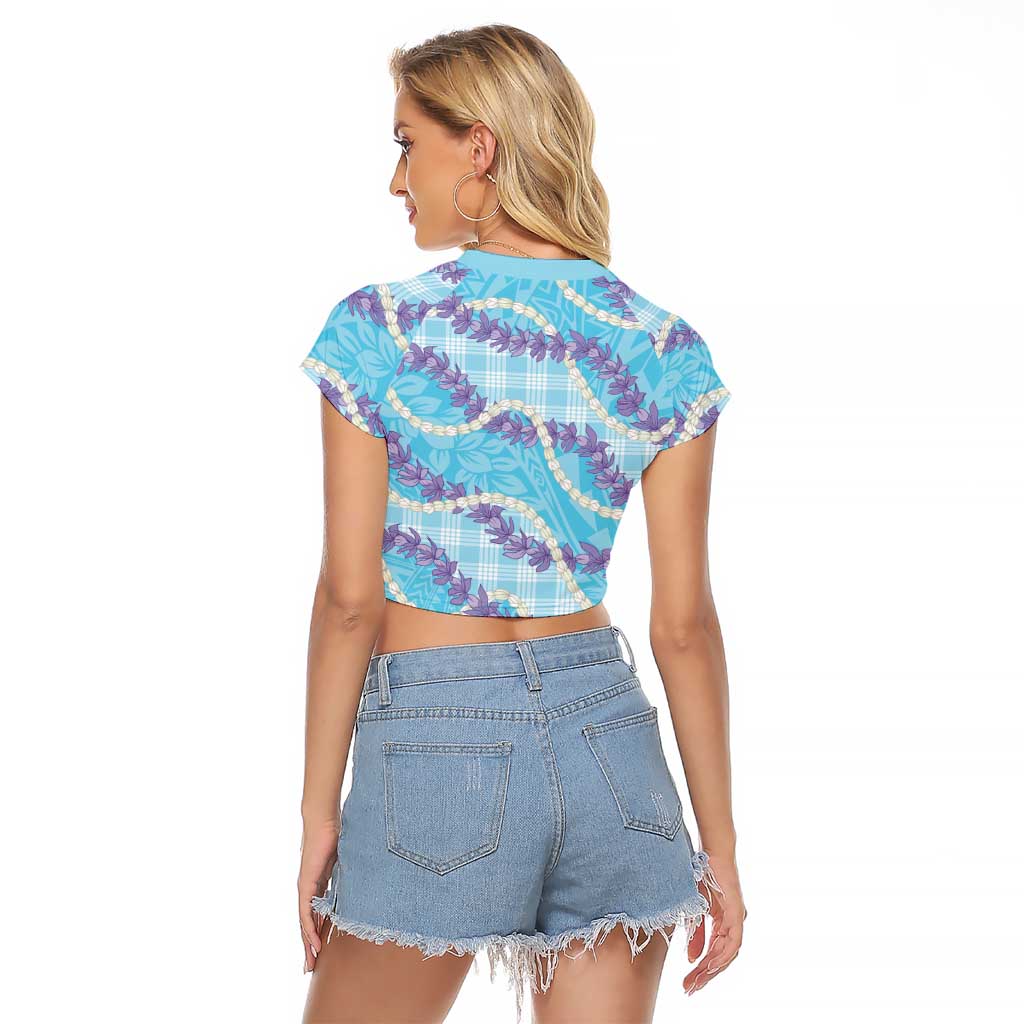 Blue Hawaii Palaka Honohono Pikake Raglan Cropped T Shirt Hawaiian Orchid Lei Polynesian Pattern - Polynesian Pride
