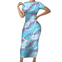 Blue Hawaii Palaka Honohono Pikake Short Sleeve Bodycon Dress Hawaiian Orchid Lei Polynesian Pattern LT14 Long Dress Blue - Polynesian Pride