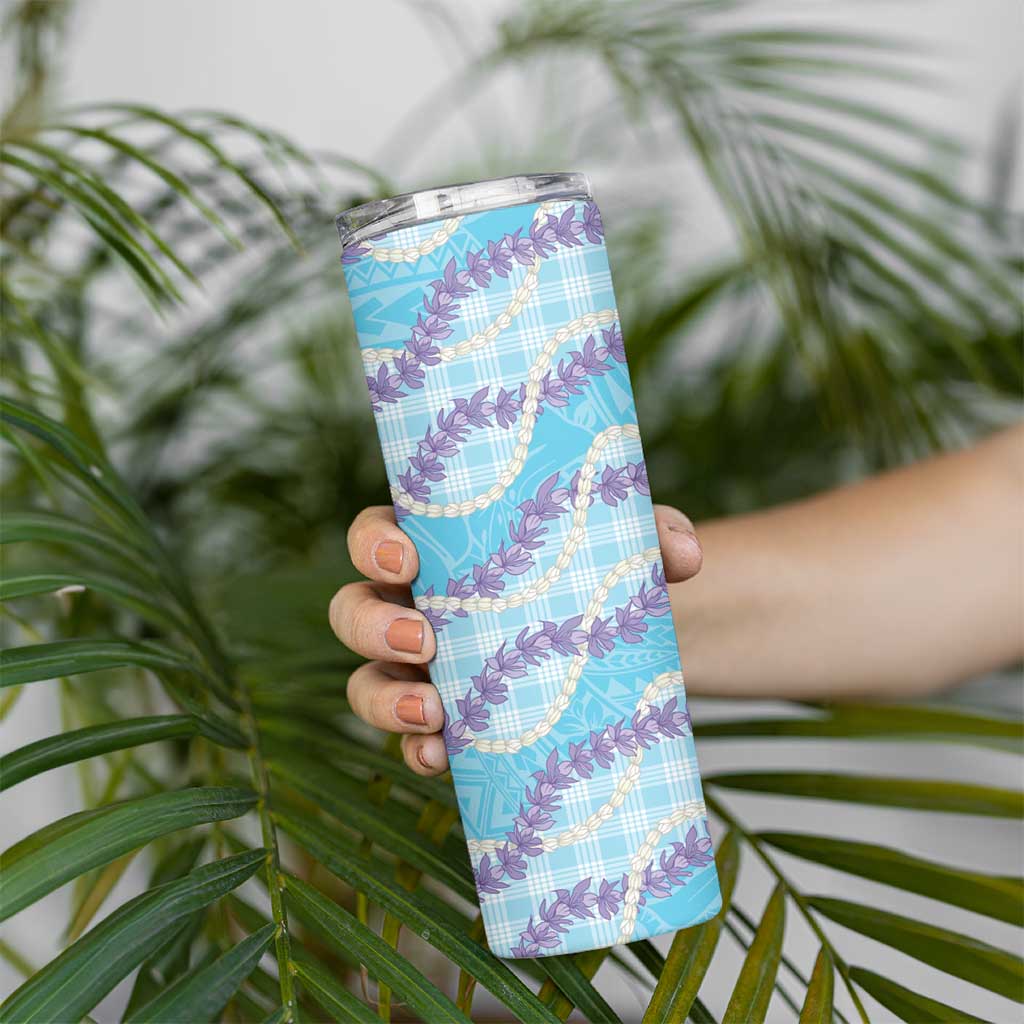 Blue Hawaii Palaka Honohono Pikake Skinny Tumbler Hawaiian Orchid Lei Polynesian Pattern LT14 - Polynesian Pride