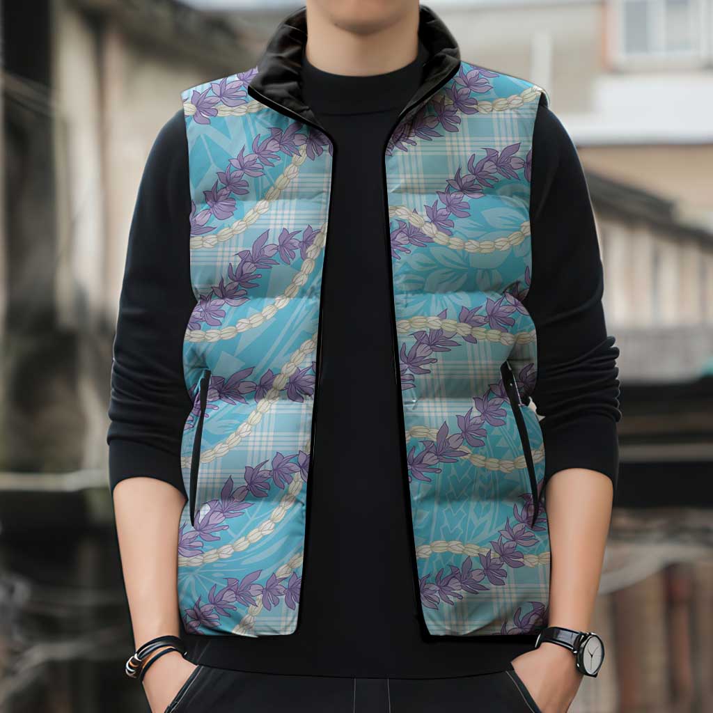 Blue Hawaii Palaka Honohono Pikake Sleeveless Puffer Jacket Hawaiian Orchid Lei Polynesian Pattern - Polynesian Pride