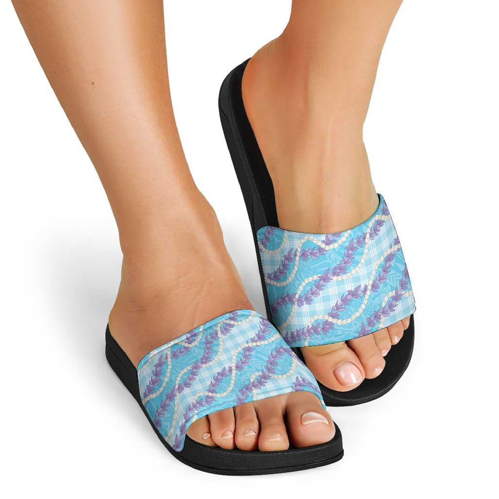 Blue Hawaii Palaka Honohono Pikake Slide Sandals Hawaiian Orchid Lei Polynesian Pattern - Polynesian Pride