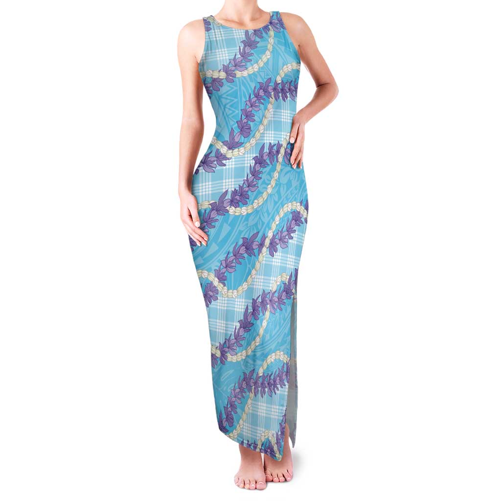 Blue Hawaii Palaka Honohono Pikake Tank Maxi Dress Hawaiian Orchid Lei Polynesian Pattern - Polynesian Pride