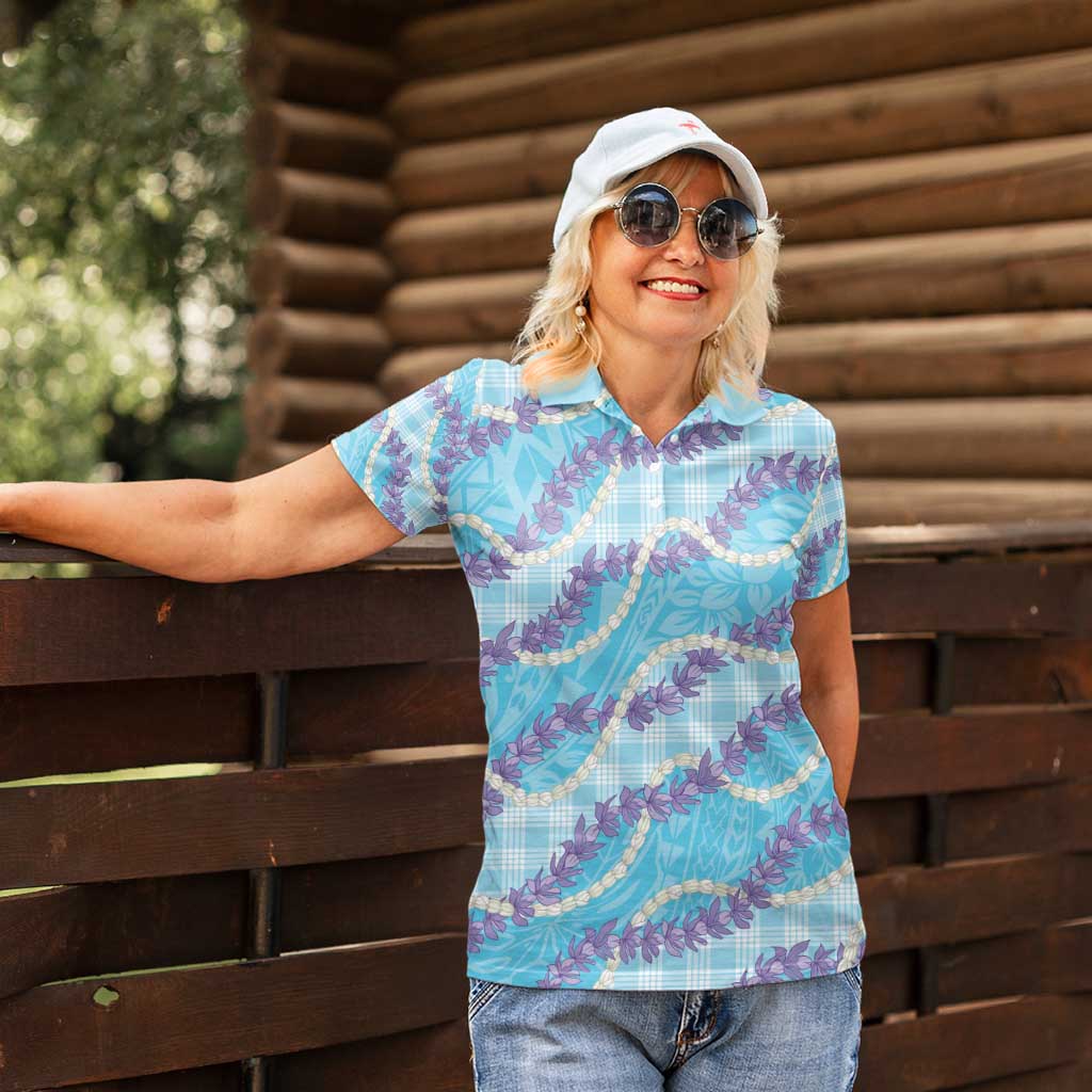 Blue Hawaii Palaka Honohono Pikake Women Polo Shirt Hawaiian Orchid Lei Polynesian Pattern - Polynesian Pride