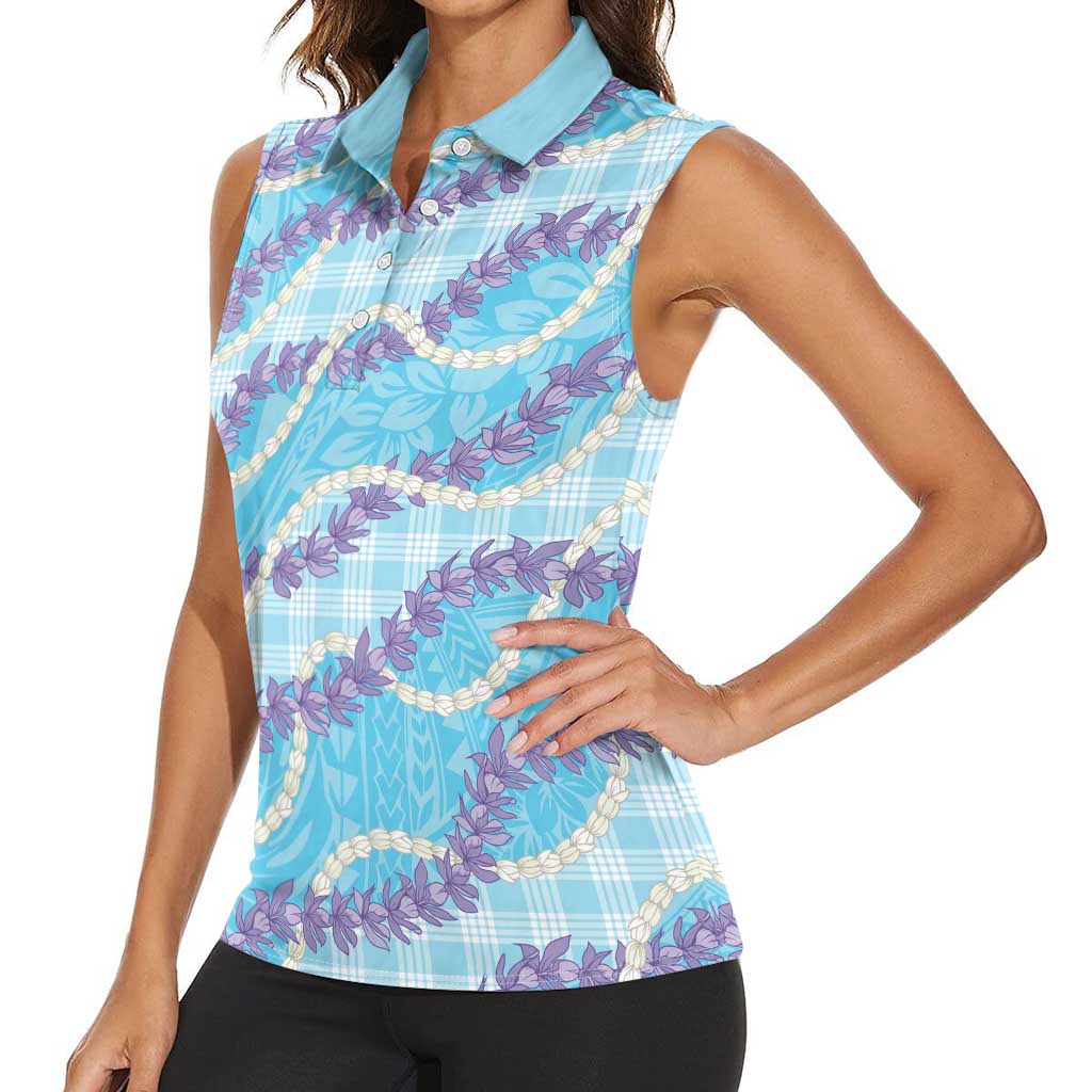 Blue Hawaii Palaka Honohono Pikake Women Sleeveless Polo Shirt Hawaiian Orchid Lei Polynesian Pattern LT14 - Polynesian Pride
