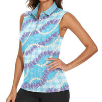 Blue Hawaii Palaka Honohono Pikake Women Sleeveless Polo Shirt Hawaiian Orchid Lei Polynesian Pattern LT14 - Polynesian Pride