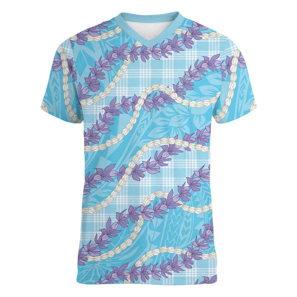 Blue Hawaii Palaka Honohono Pikake Women V-Neck T-Shirt Hawaiian Orchid Lei Polynesian Pattern LT14 Female Blue - Polynesian Pride