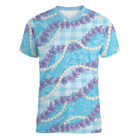 Blue Hawaii Palaka Honohono Pikake Women V-Neck T-Shirt Hawaiian Orchid Lei Polynesian Pattern LT14 Female Blue - Polynesian Pride