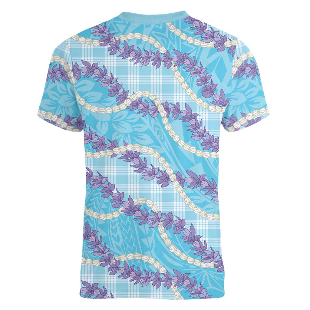 Blue Hawaii Palaka Honohono Pikake Women V-Neck T-Shirt Hawaiian Orchid Lei Polynesian Pattern LT14 - Polynesian Pride