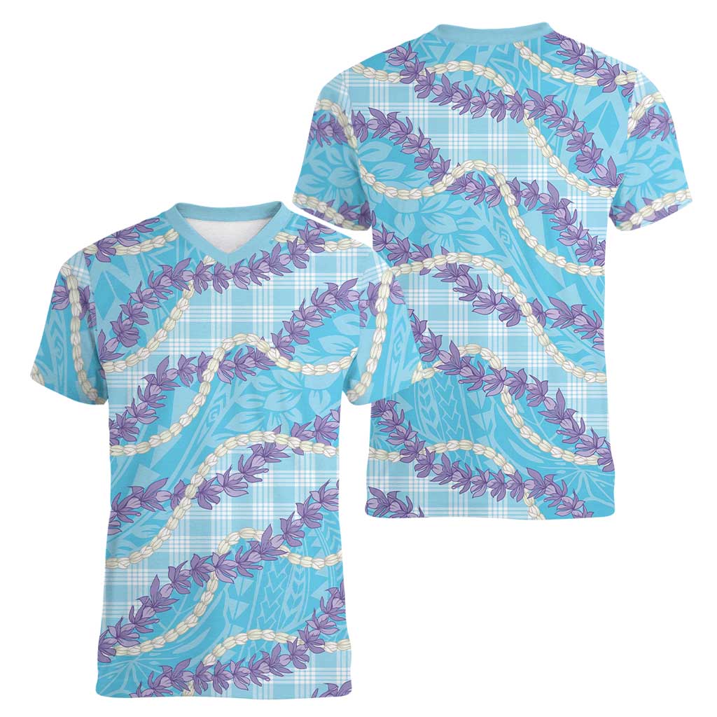 Blue Hawaii Palaka Honohono Pikake Women V-Neck T-Shirt Hawaiian Orchid Lei Polynesian Pattern LT14 - Polynesian Pride