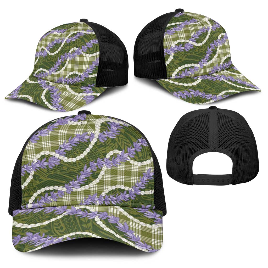 Green Hawaii Palaka Honohono Pikake Baseball Net Cap Hawaiian Orchid Lei Polynesian Pattern - Polynesian Pride