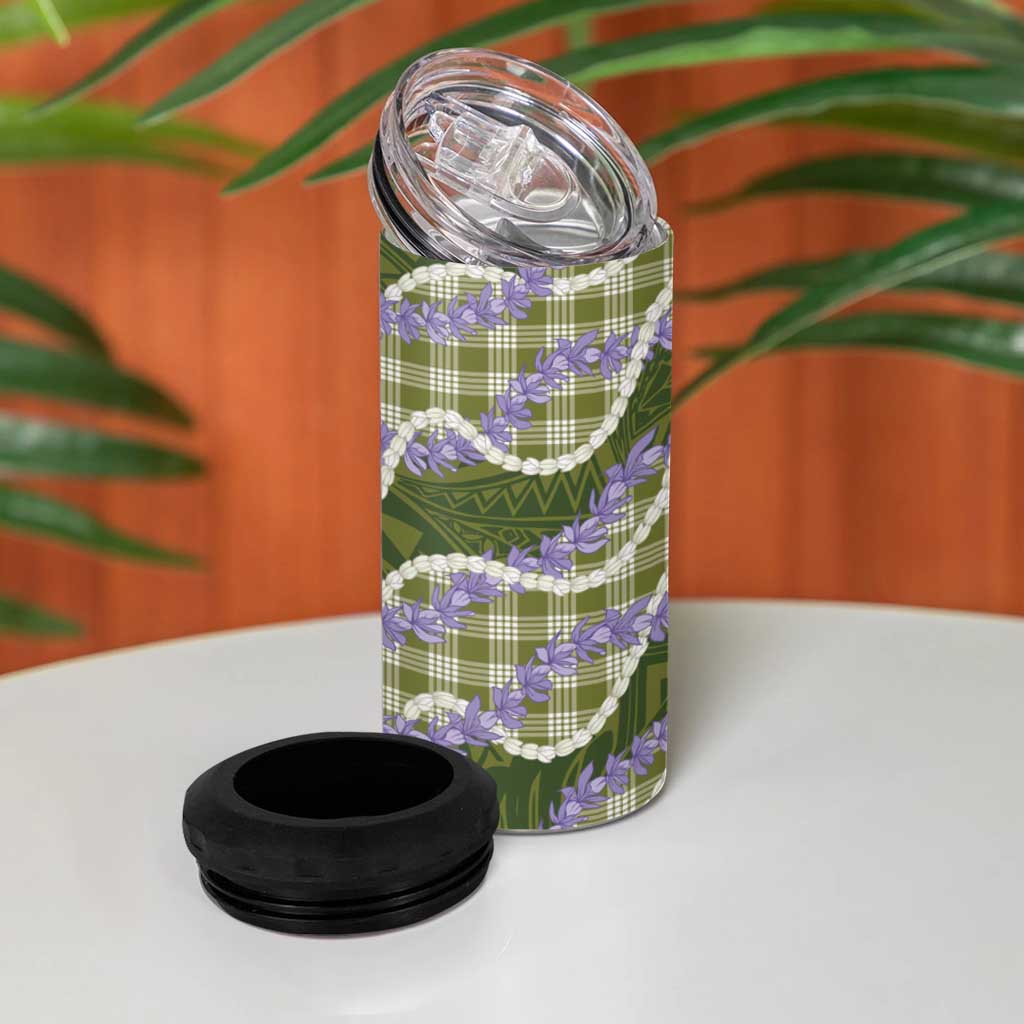 Green Hawaii Palaka Honohono Pikake 4 in 1 Can Cooler Tumbler Hawaiian Orchid Lei Polynesian Pattern LT14 - Polynesian Pride