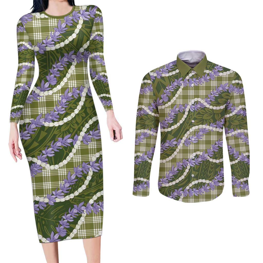 Green Hawaii Palaka Honohono Pikake Couples Matching Long Sleeve Bodycon Dress and Long Sleeve Button Shirt Hawaiian Orchid Lei Polynesian Pattern LT14 Green - Polynesian Pride