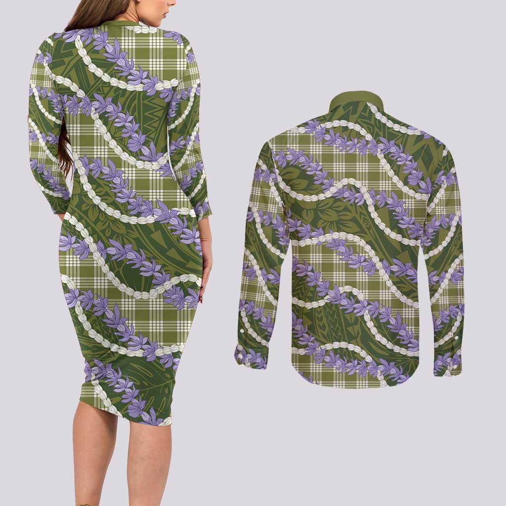 Green Hawaii Palaka Honohono Pikake Couples Matching Long Sleeve Bodycon Dress and Long Sleeve Button Shirt Hawaiian Orchid Lei Polynesian Pattern LT14 - Polynesian Pride
