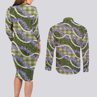 Green Hawaii Palaka Honohono Pikake Couples Matching Long Sleeve Bodycon Dress and Long Sleeve Button Shirt Hawaiian Orchid Lei Polynesian Pattern LT14 - Polynesian Pride