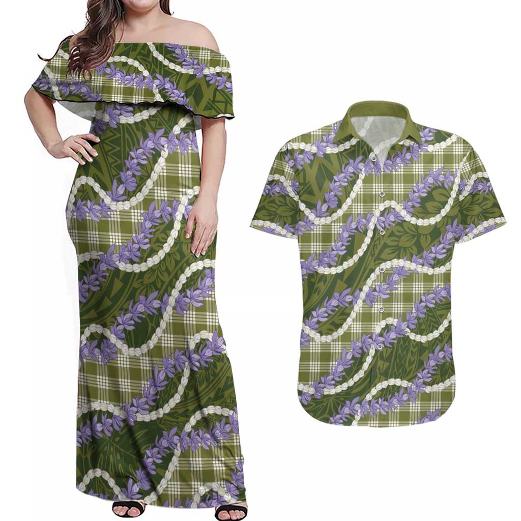Green Hawaii Palaka Honohono Pikake Couples Matching Off Shoulder Maxi Dress and Hawaiian Shirt Hawaiian Orchid Lei Polynesian Pattern LT14 Green - Polynesian Pride