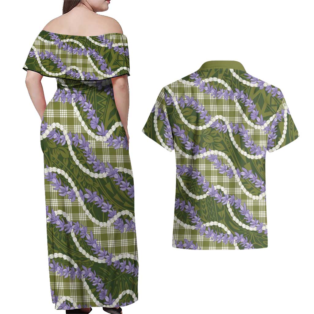 Green Hawaii Palaka Honohono Pikake Couples Matching Off Shoulder Maxi Dress and Hawaiian Shirt Hawaiian Orchid Lei Polynesian Pattern LT14 - Polynesian Pride