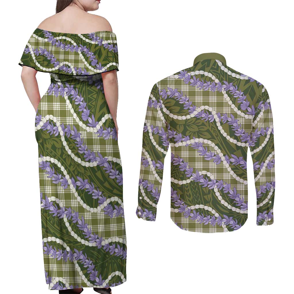 Green Hawaii Palaka Honohono Pikake Couples Matching Off Shoulder Maxi Dress and Long Sleeve Button Shirt Hawaiian Orchid Lei Polynesian Pattern LT14 - Polynesian Pride