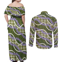 Green Hawaii Palaka Honohono Pikake Couples Matching Off Shoulder Maxi Dress and Long Sleeve Button Shirt Hawaiian Orchid Lei Polynesian Pattern LT14 - Polynesian Pride