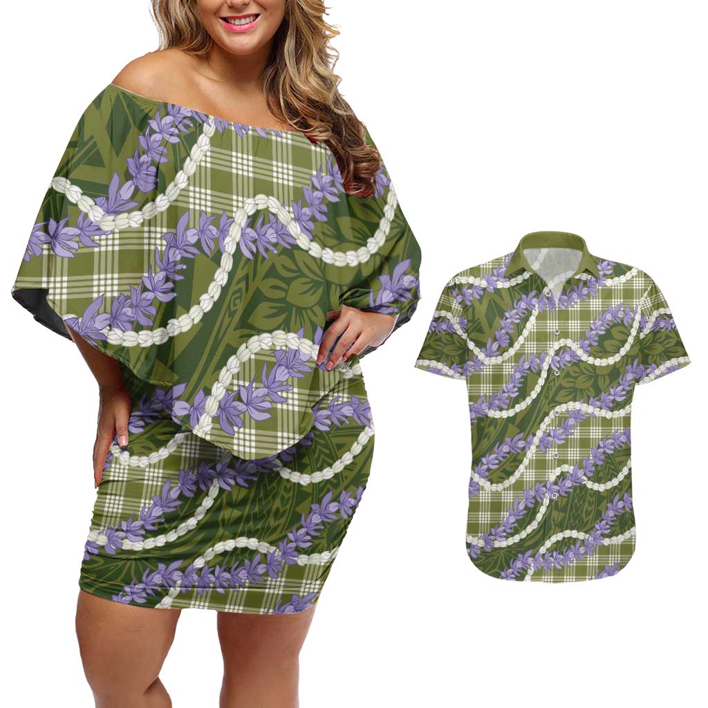 Green Hawaii Palaka Honohono Pikake Couples Matching Off Shoulder Short Dress and Hawaiian Shirt Hawaiian Orchid Lei Polynesian Pattern LT14 Green - Polynesian Pride