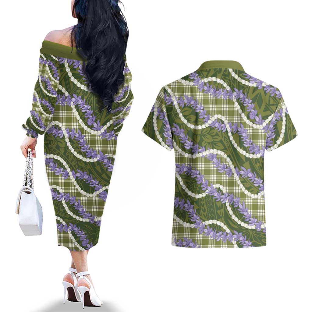 Green Hawaii Palaka Honohono Pikake Couples Matching Off The Shoulder Long Sleeve Dress and Hawaiian Shirt Hawaiian Orchid Lei Polynesian Pattern LT14 - Polynesian Pride