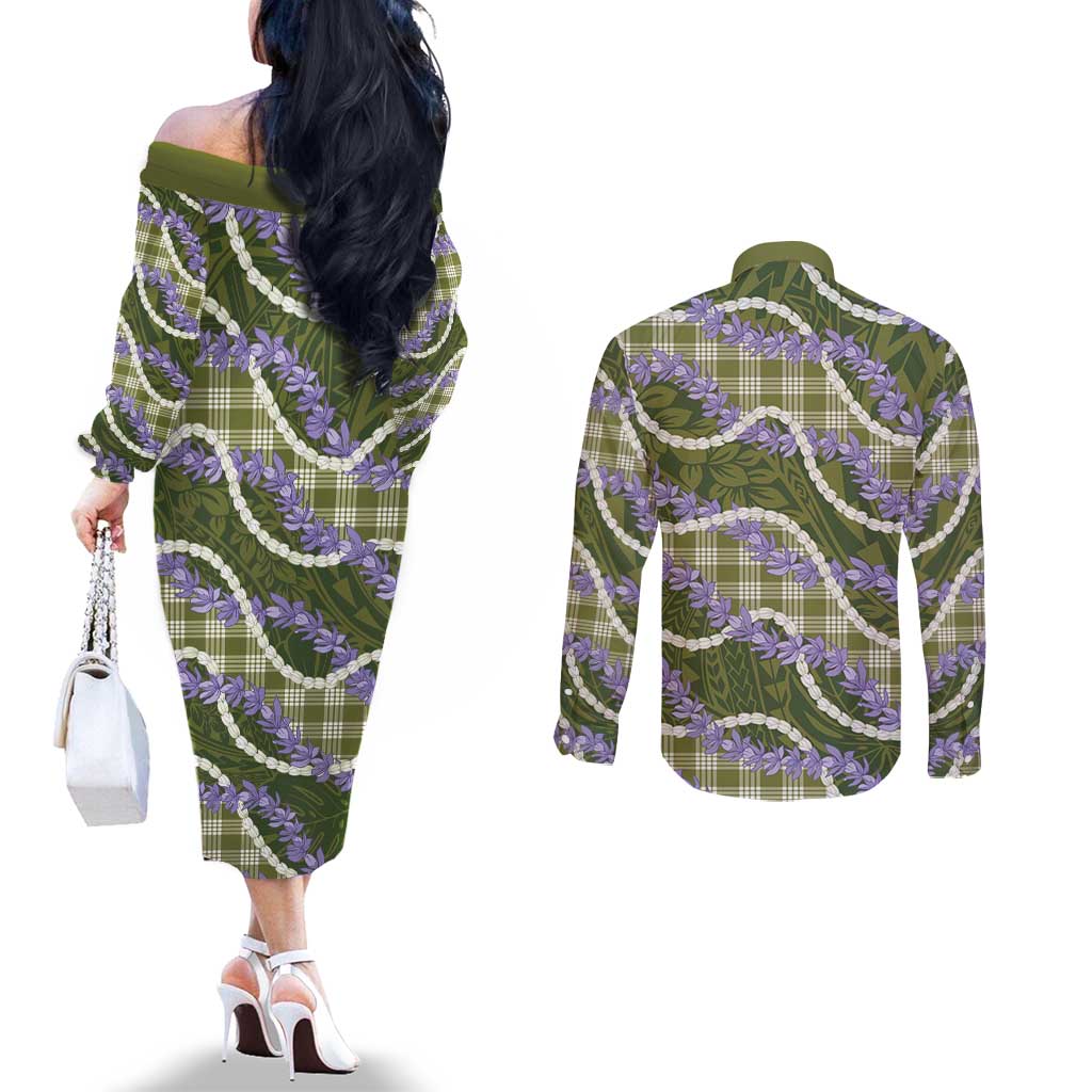 Green Hawaii Palaka Honohono Pikake Couples Matching Off The Shoulder Long Sleeve Dress and Long Sleeve Button Shirt Hawaiian Orchid Lei Polynesian Pattern LT14 - Polynesian Pride