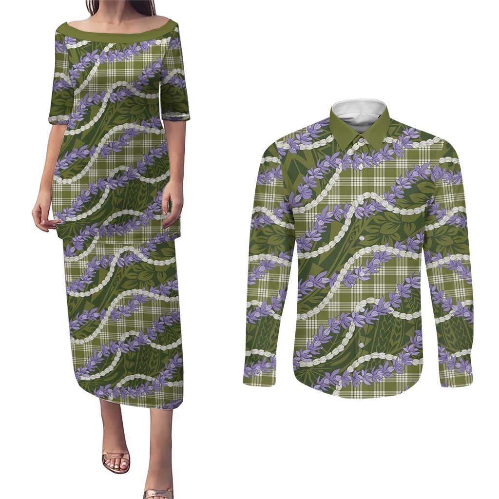 Green Hawaii Palaka Honohono Pikake Couples Matching Puletasi and Long Sleeve Button Shirt Hawaiian Orchid Lei Polynesian Pattern LT14 Green - Polynesian Pride