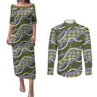 Green Hawaii Palaka Honohono Pikake Couples Matching Puletasi and Long Sleeve Button Shirt Hawaiian Orchid Lei Polynesian Pattern LT14 Green - Polynesian Pride