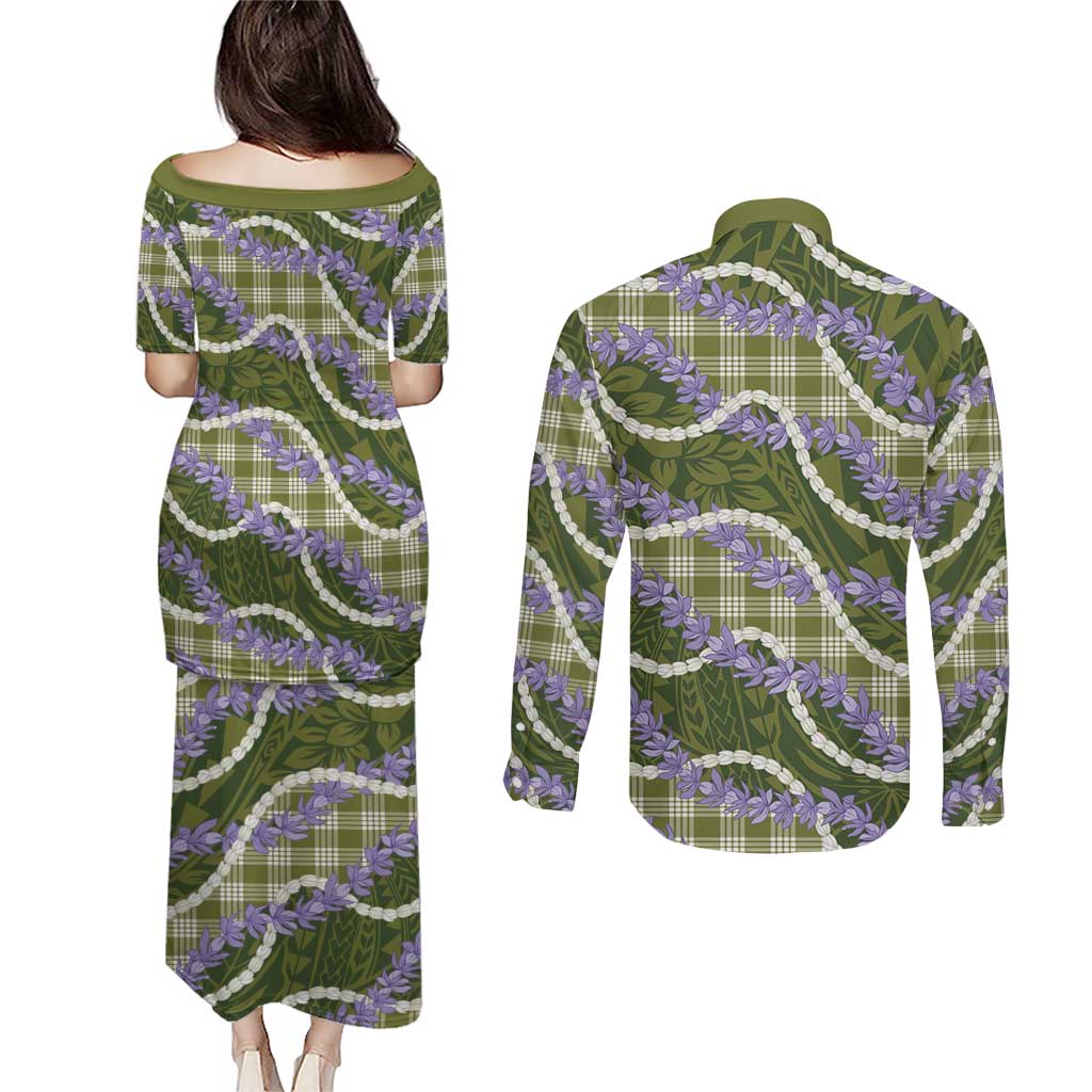 Green Hawaii Palaka Honohono Pikake Couples Matching Puletasi and Long Sleeve Button Shirt Hawaiian Orchid Lei Polynesian Pattern LT14 - Polynesian Pride