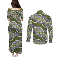 Green Hawaii Palaka Honohono Pikake Couples Matching Puletasi and Long Sleeve Button Shirt Hawaiian Orchid Lei Polynesian Pattern LT14 - Polynesian Pride