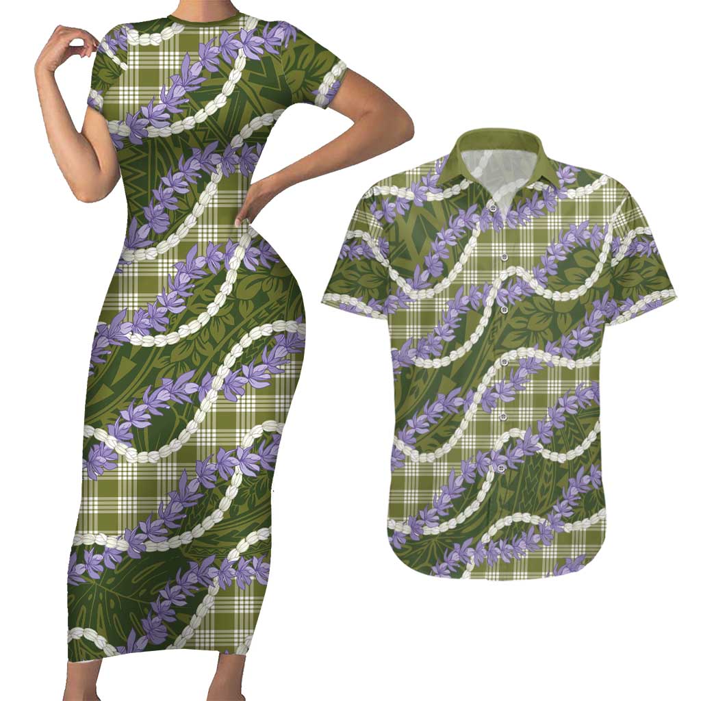 Green Hawaii Palaka Honohono Pikake Couples Matching Short Sleeve Bodycon Dress and Hawaiian Shirt Hawaiian Orchid Lei Polynesian Pattern LT14 Green - Polynesian Pride