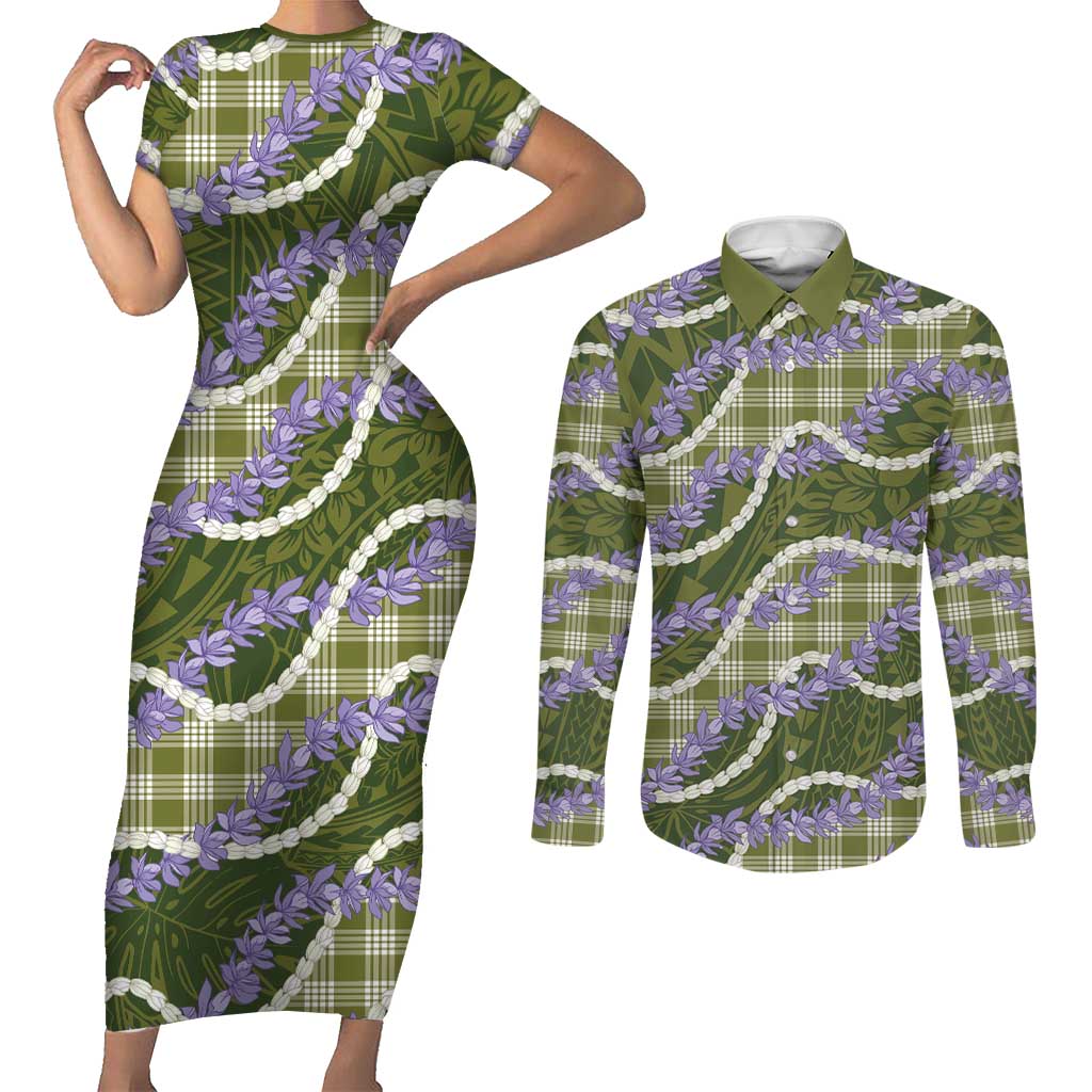 Green Hawaii Palaka Honohono Pikake Couples Matching Short Sleeve Bodycon Dress and Long Sleeve Button Shirt Hawaiian Orchid Lei Polynesian Pattern LT14 Green - Polynesian Pride