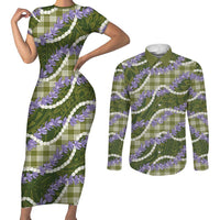 Green Hawaii Palaka Honohono Pikake Couples Matching Short Sleeve Bodycon Dress and Long Sleeve Button Shirt Hawaiian Orchid Lei Polynesian Pattern LT14 Green - Polynesian Pride