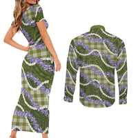 Green Hawaii Palaka Honohono Pikake Couples Matching Short Sleeve Bodycon Dress and Long Sleeve Button Shirt Hawaiian Orchid Lei Polynesian Pattern LT14 - Polynesian Pride