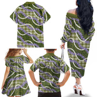 Green Hawaii Palaka Honohono Pikake Family Matching Off The Shoulder Long Sleeve Dress and Hawaiian Shirt Hawaiian Orchid Lei Polynesian Pattern LT14 - Polynesian Pride