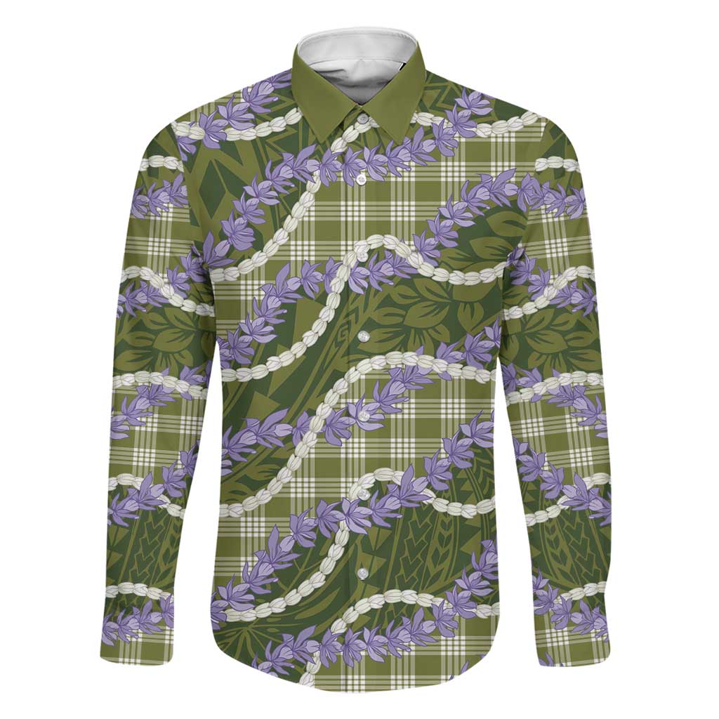 Green Hawaii Palaka Honohono Pikake Family Matching Off Shoulder Maxi Dress and Hawaiian Shirt Hawaiian Orchid Lei Polynesian Pattern LT14 Dad's Shirt - Long Sleeve Green - Polynesian Pride