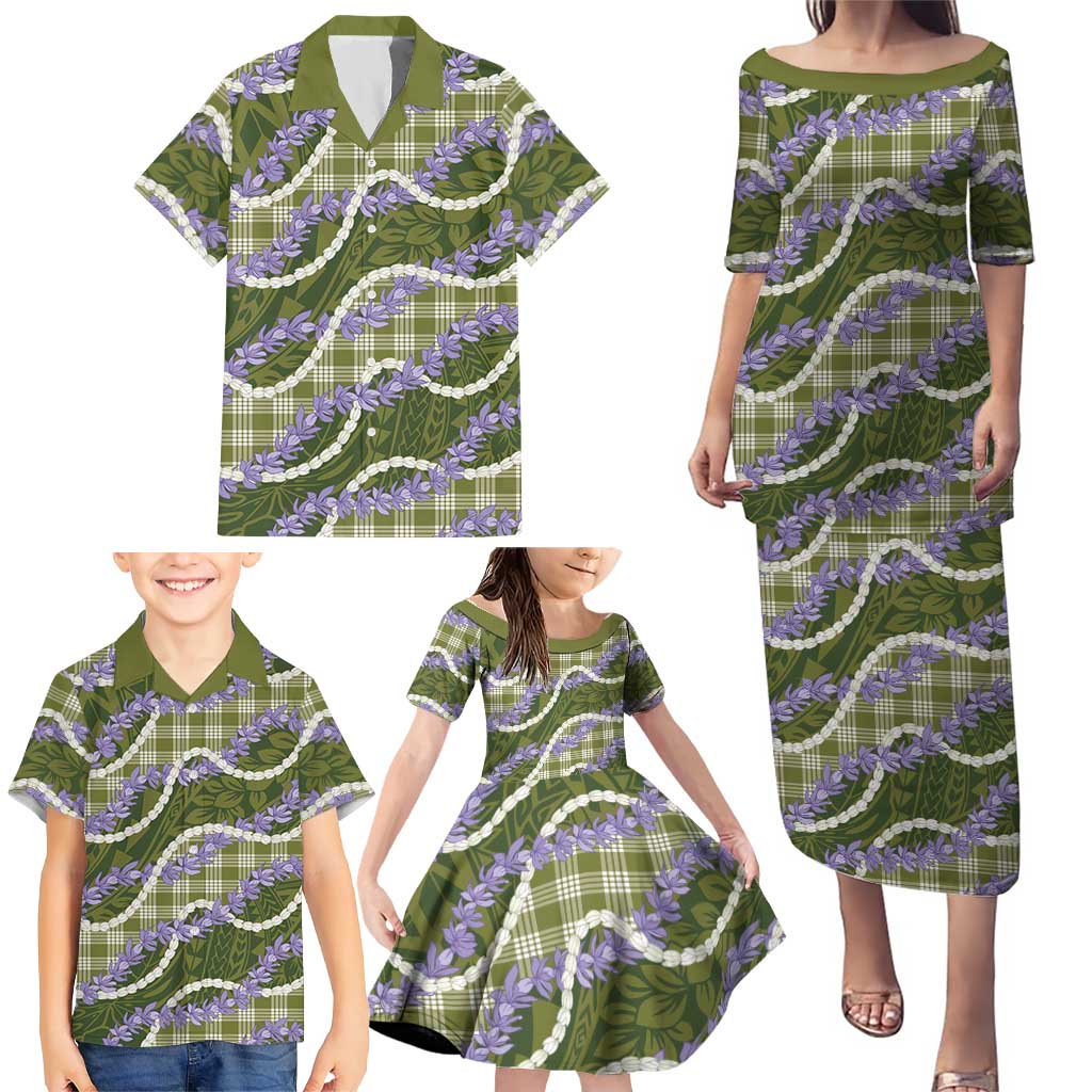Green Hawaii Palaka Honohono Pikake Family Matching Puletasi and Hawaiian Shirt Hawaiian Orchid Lei Polynesian Pattern - Polynesian Pride