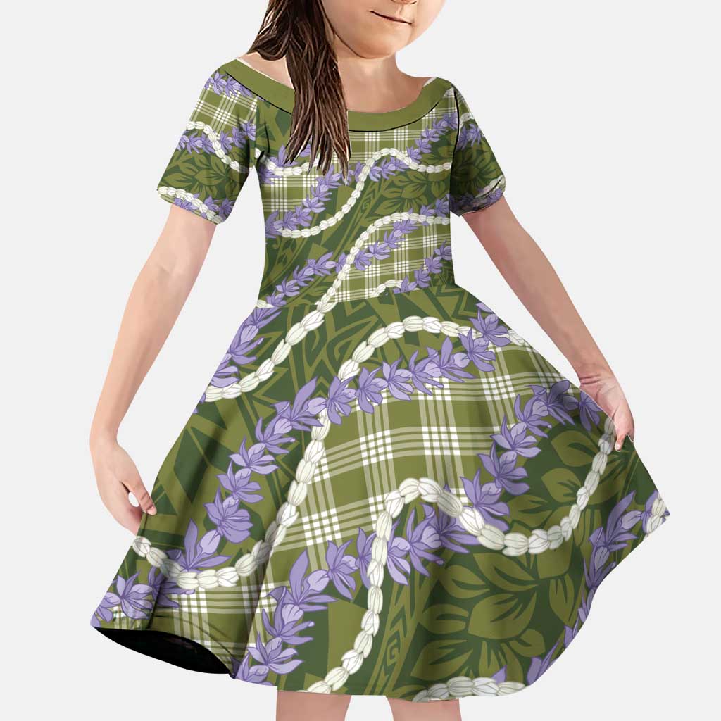 Green Hawaii Palaka Honohono Pikake Family Matching Short Sleeve Bodycon Dress and Hawaiian Shirt Hawaiian Orchid Lei Polynesian Pattern LT14 Daughter's Dress Green - Polynesian Pride