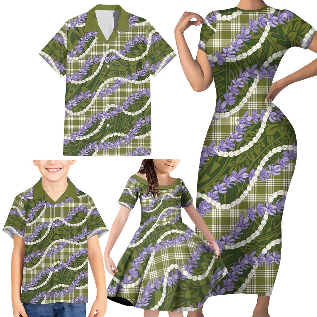 Green Hawaii Palaka Honohono Pikake Family Matching Short Sleeve Bodycon Dress and Hawaiian Shirt Hawaiian Orchid Lei Polynesian Pattern LT14 - Polynesian Pride