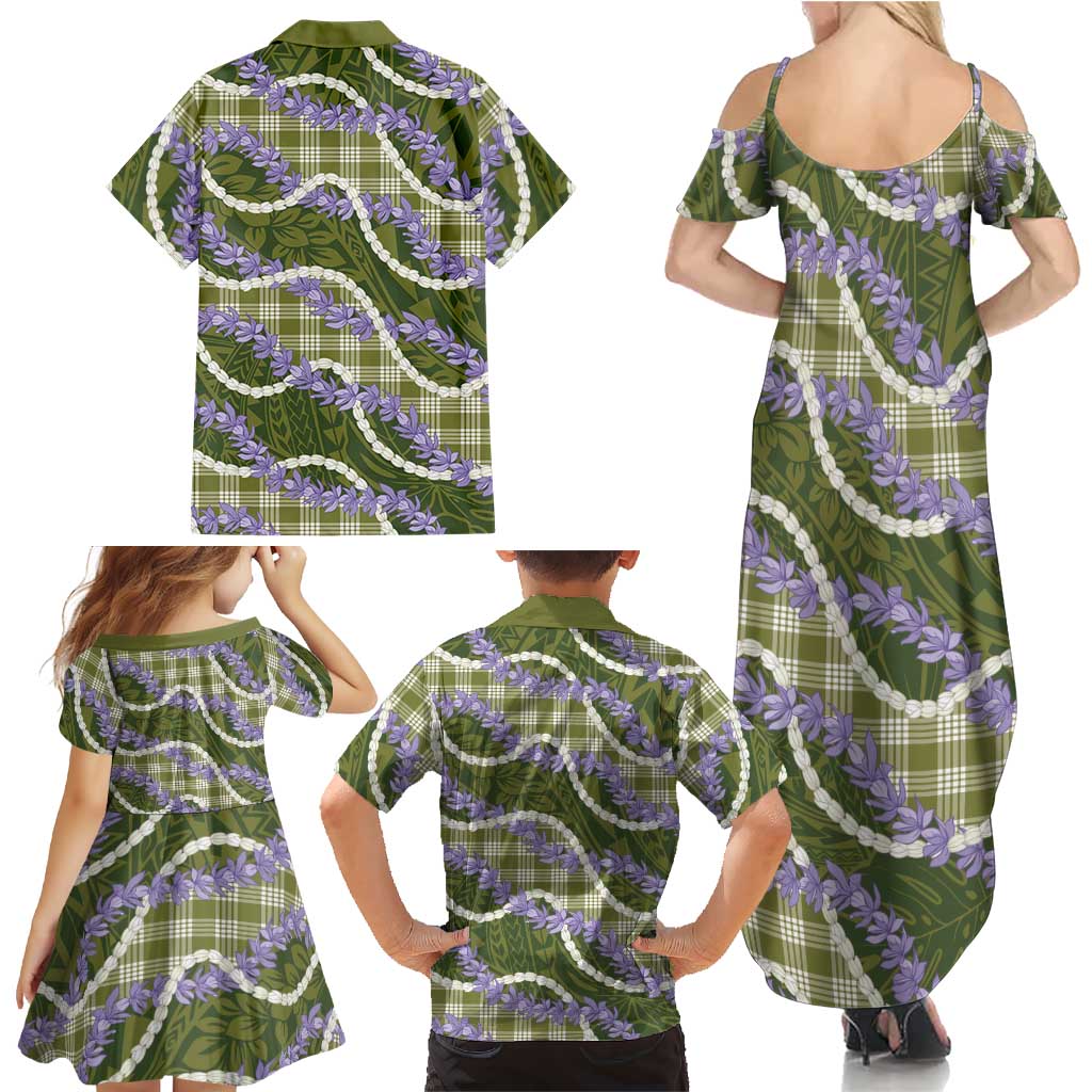 Green Hawaii Palaka Honohono Pikake Family Matching Summer Maxi Dress and Hawaiian Shirt Hawaiian Orchid Lei Polynesian Pattern LT14 - Polynesian Pride
