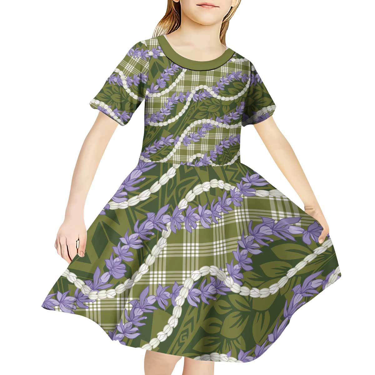 Green Hawaii Palaka Honohono Pikake Kid Short Sleeve Dress Hawaiian Orchid Lei Polynesian Pattern LT14 - Polynesian Pride