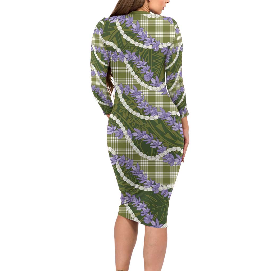 Green Hawaii Palaka Honohono Pikake Long Sleeve Bodycon Dress Hawaiian Orchid Lei Polynesian Pattern LT14 - Polynesian Pride