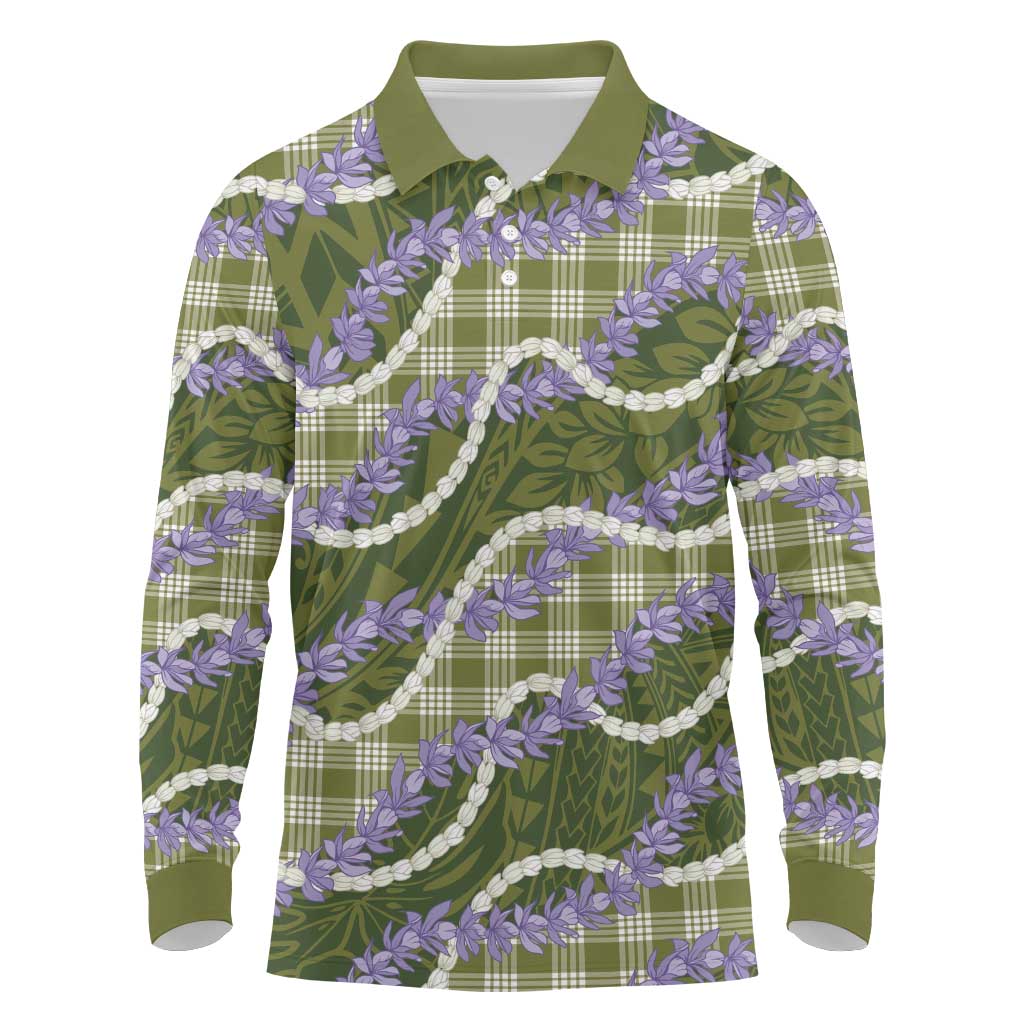 Green Hawaii Palaka Honohono Pikake Long Sleeve Polo Shirt Hawaiian Orchid Lei Polynesian Pattern LT14 Green - Polynesian Pride