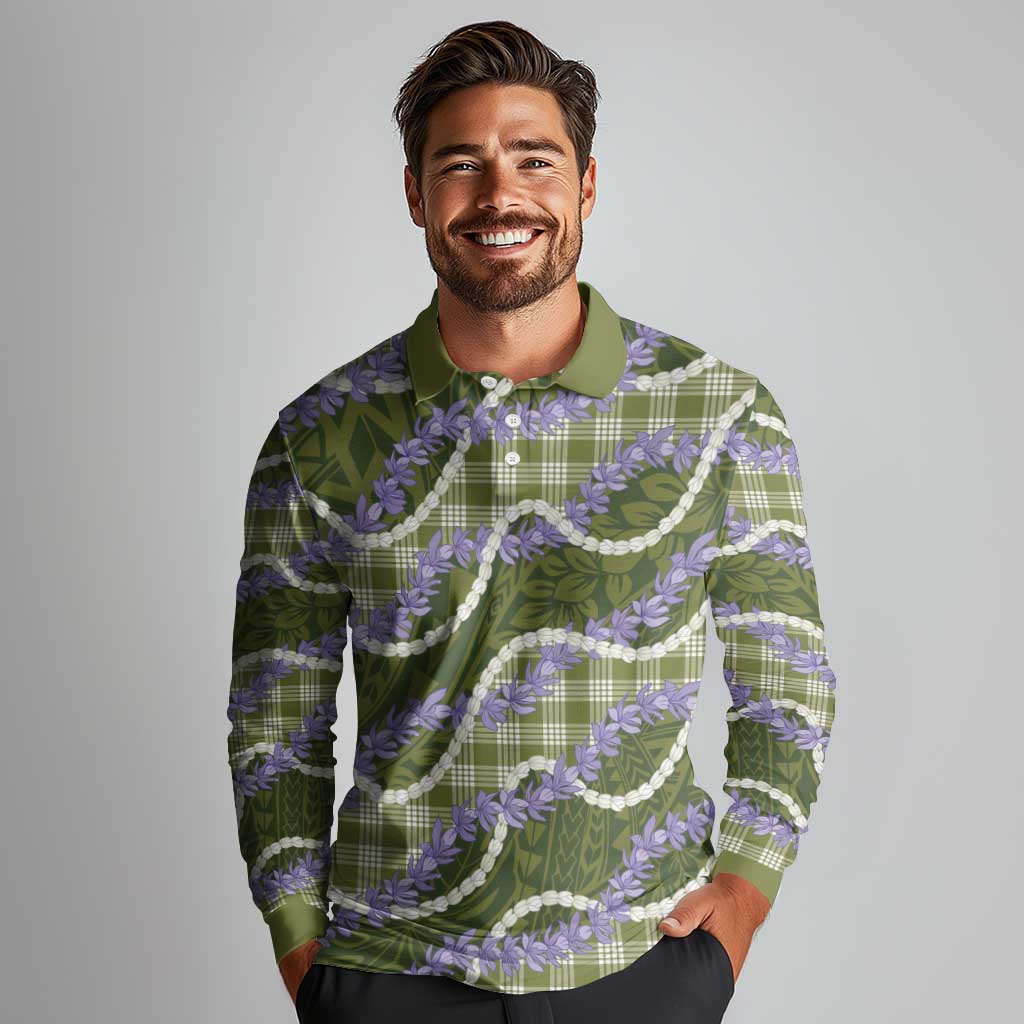 Green Hawaii Palaka Honohono Pikake Long Sleeve Polo Shirt Hawaiian Orchid Lei Polynesian Pattern LT14 - Polynesian Pride