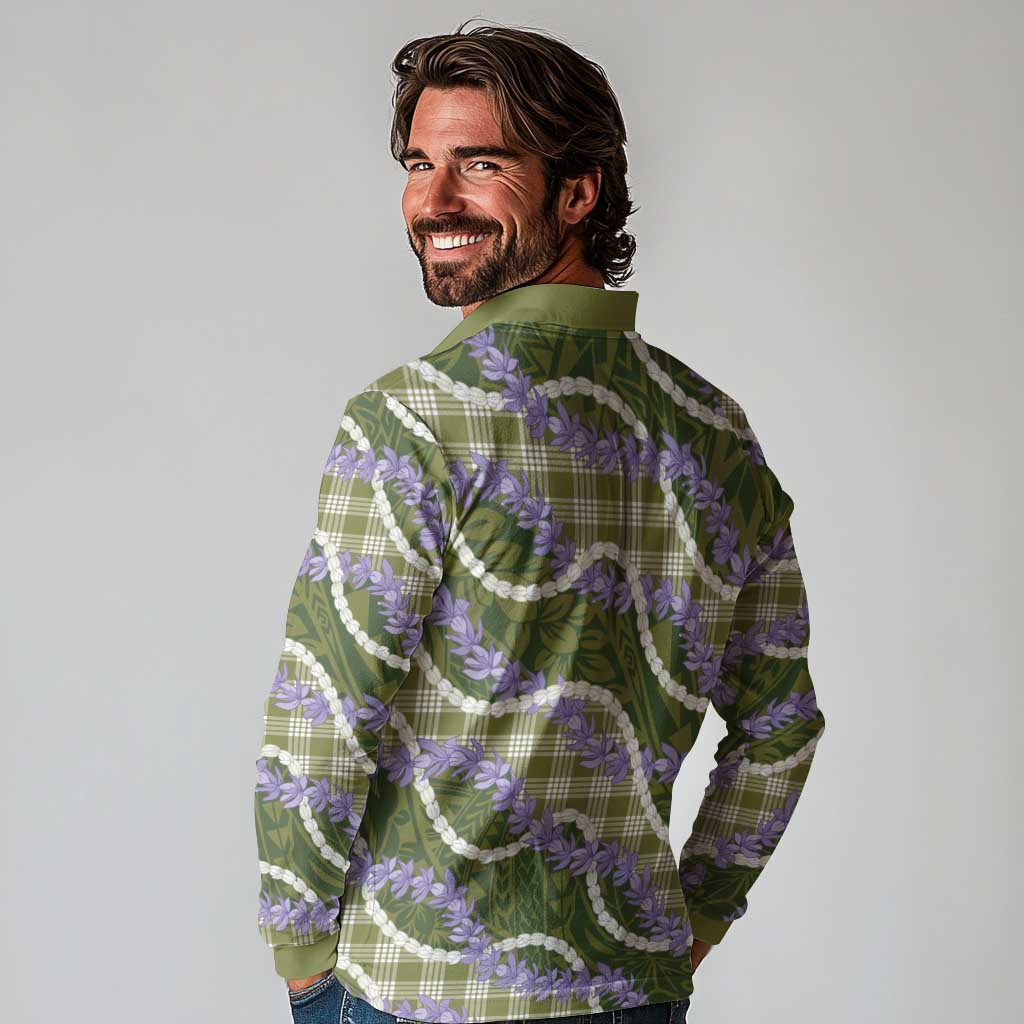 Green Hawaii Palaka Honohono Pikake Long Sleeve Polo Shirt Hawaiian Orchid Lei Polynesian Pattern LT14 - Polynesian Pride