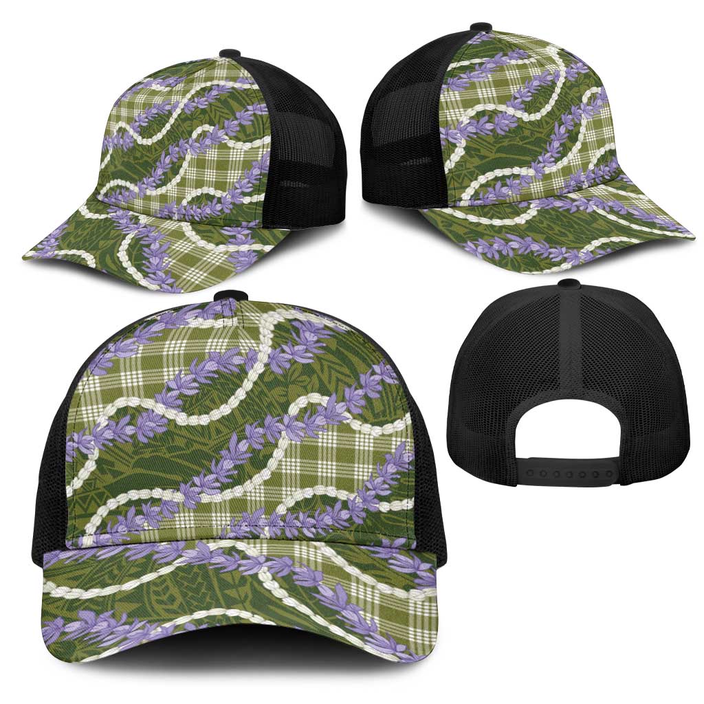 Green Hawaii Palaka Honohono Pikake Mesh Trucker Cap Hawaiian Orchid Lei Polynesian Pattern - Polynesian Pride