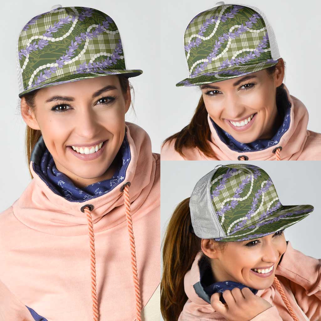 Green Hawaii Palaka Honohono Pikake Mesh Trucker Cap Hawaiian Orchid Lei Polynesian Pattern - Polynesian Pride