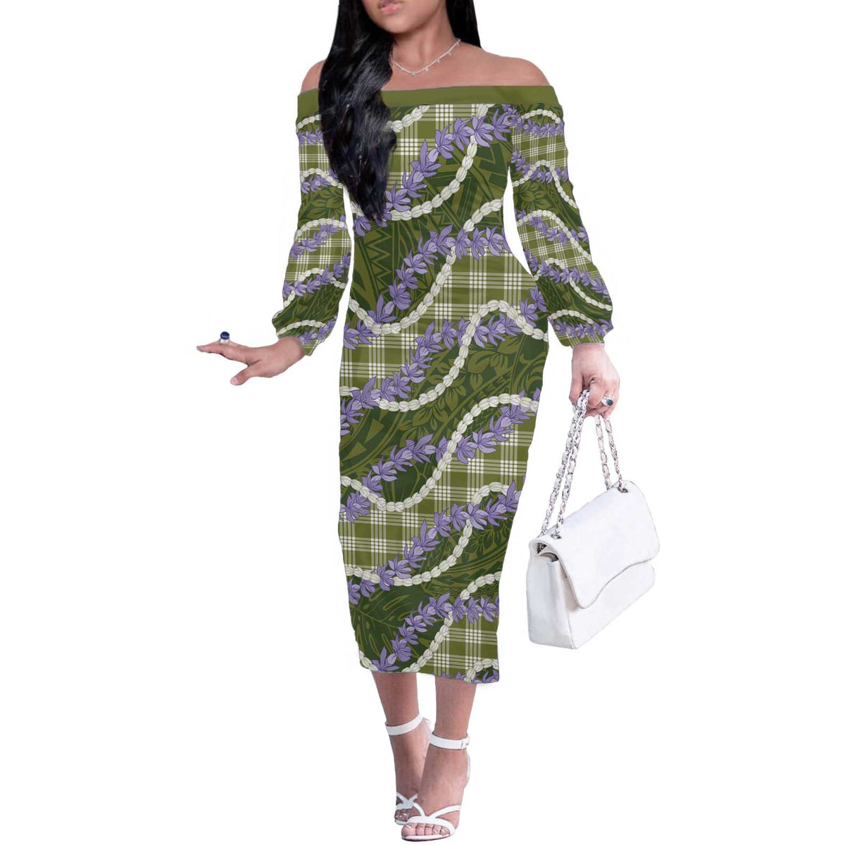 Green Hawaii Palaka Honohono Pikake Off The Shoulder Long Sleeve Dress Hawaiian Orchid Lei Polynesian Pattern LT14 Women Green - Polynesian Pride