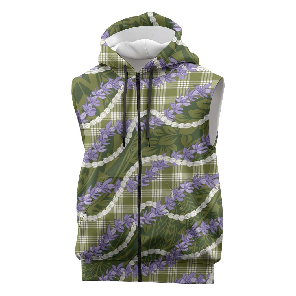 Green Hawaii Palaka Honohono Pikake Sleeveless Zip Hoodie Hawaiian Orchid Lei Polynesian Pattern - Polynesian Pride