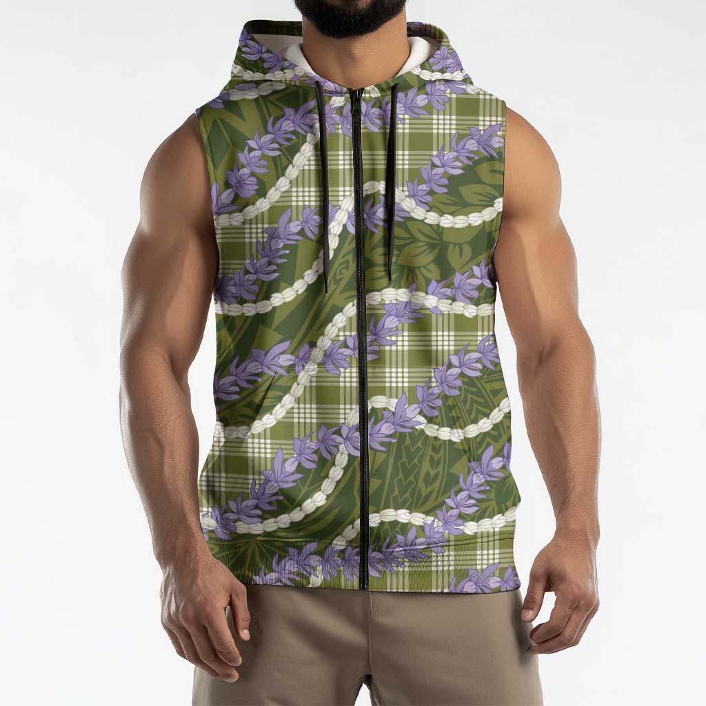 Green Hawaii Palaka Honohono Pikake Sleeveless Zip Hoodie Hawaiian Orchid Lei Polynesian Pattern LT14 - Polynesian Pride