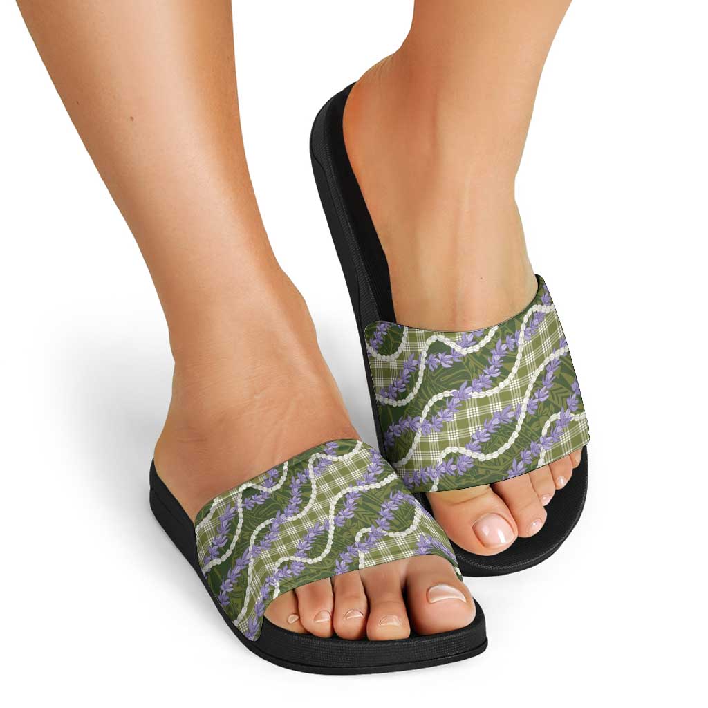Green Hawaii Palaka Honohono Pikake Slide Sandals Hawaiian Orchid Lei Polynesian Pattern - Polynesian Pride